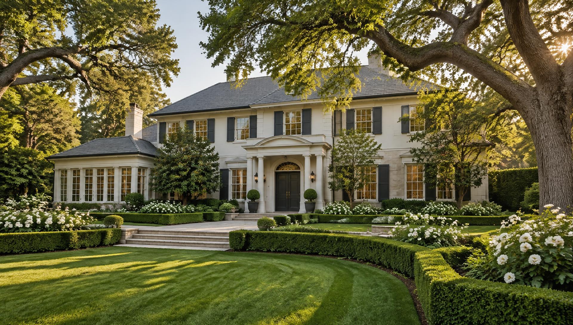 Traditional estate home with gardens (illustrative)